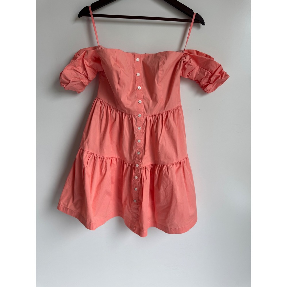 Staud Elio Off Shoulder Mini Dress Coral Pink Cotton Poplin Tiered Size 8 luxury - Picture 2 of 12